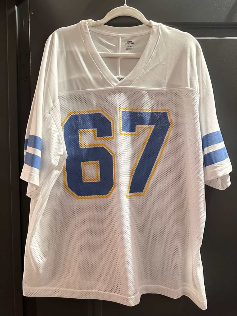White Athletic Mesh Jersey Shirt with Blue & Yellow Number 67